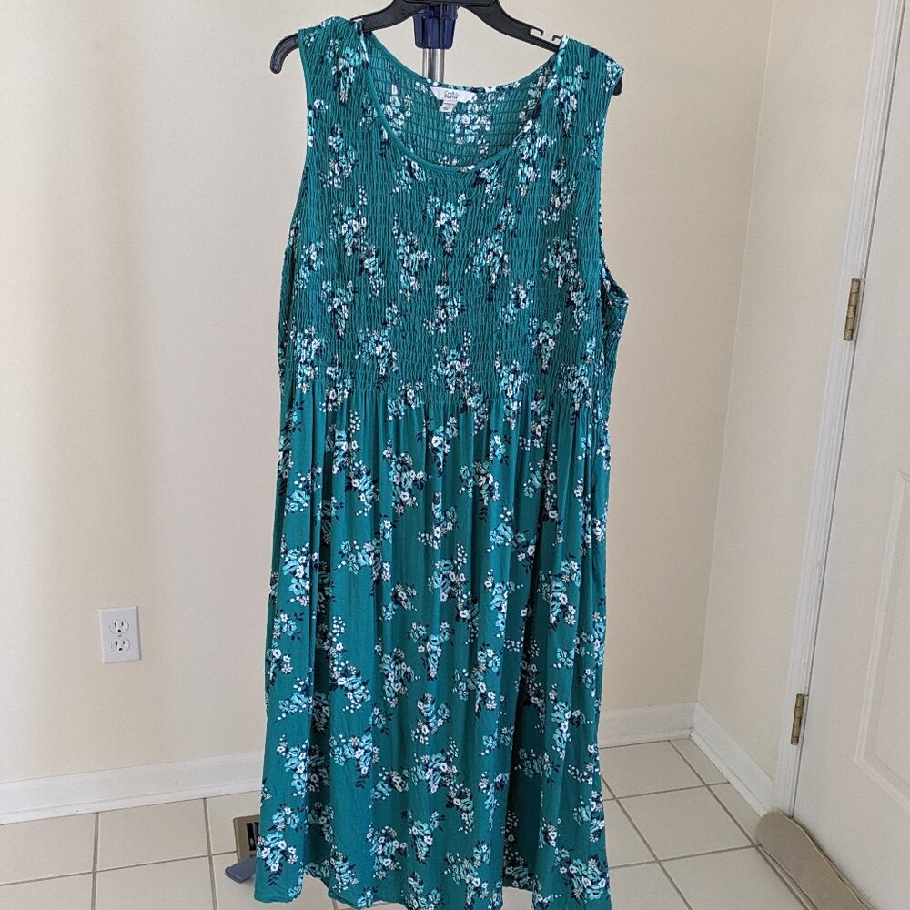 Croft & Barrow Teal, Blue, and White Smocked Swing Midi Dress Size 2X